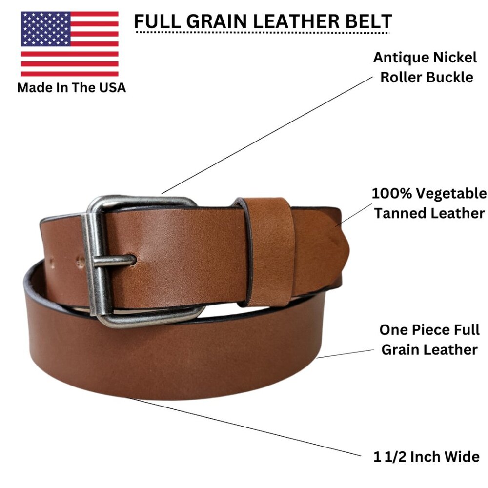 Men's Full Grain American Steer Hide Leather Tan Belt 1 1/2" Inches Wide USA